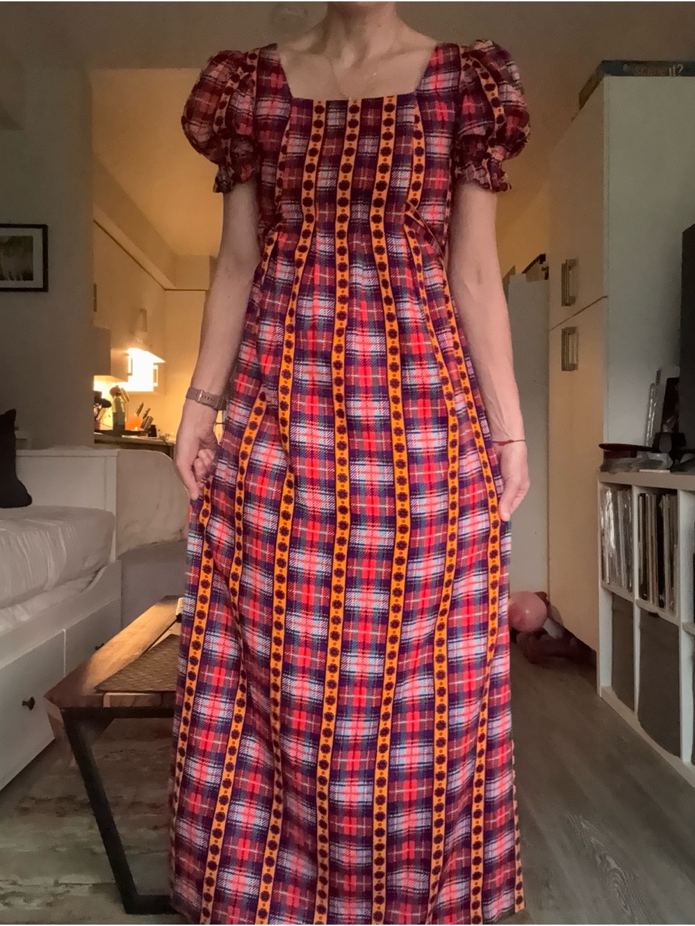 VTG 70s Plaid Prairie Maxi Dress Puff Sleeve Floral Trim Boho Cottagecore XS
